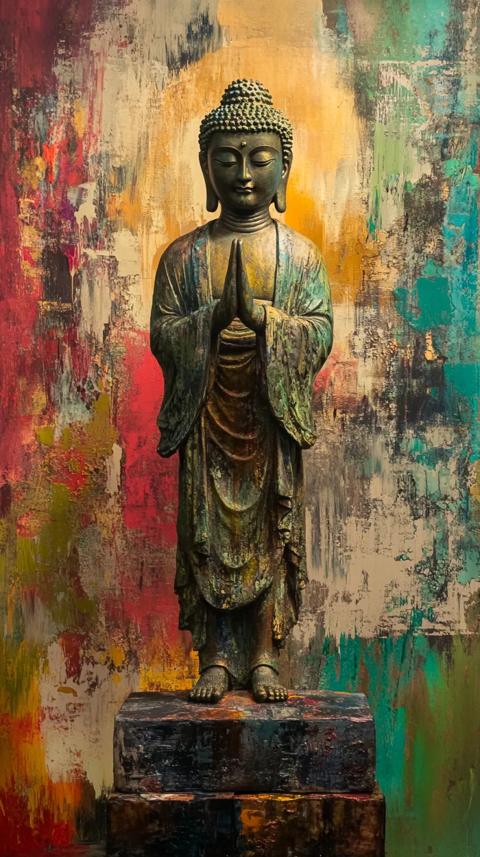Standing bronze Buddha statue with folded hands in greeting, set against a colorful abstract gold, red, and teal background. | PrintPosters.in